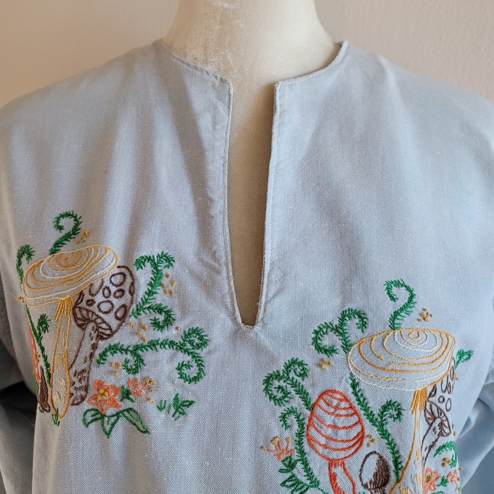 VTG 70s Embroidered Mushroom Denim Caftan Dress - Picture 2 of 16